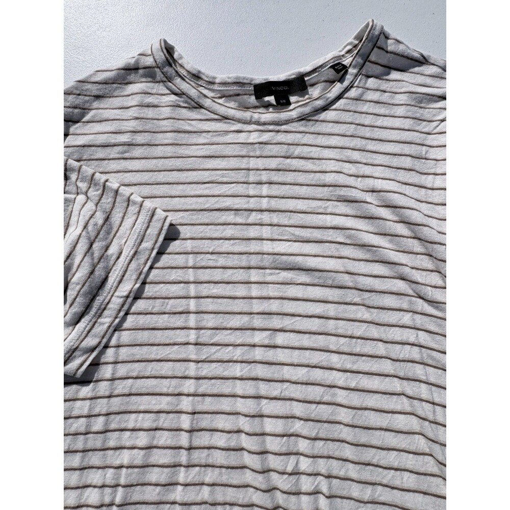 VINCE Crewneck T-Shirt Men's Size Medium White Beige Stripes Short Sleeve